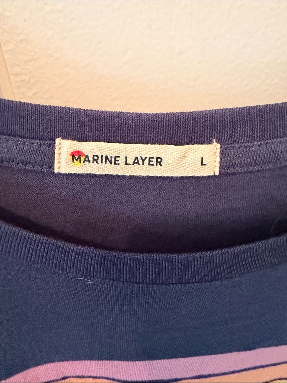 Marine Layer Navy Crewneck Sweater with Pink, Yellow and Cream Stripes - Picture 2 of 4